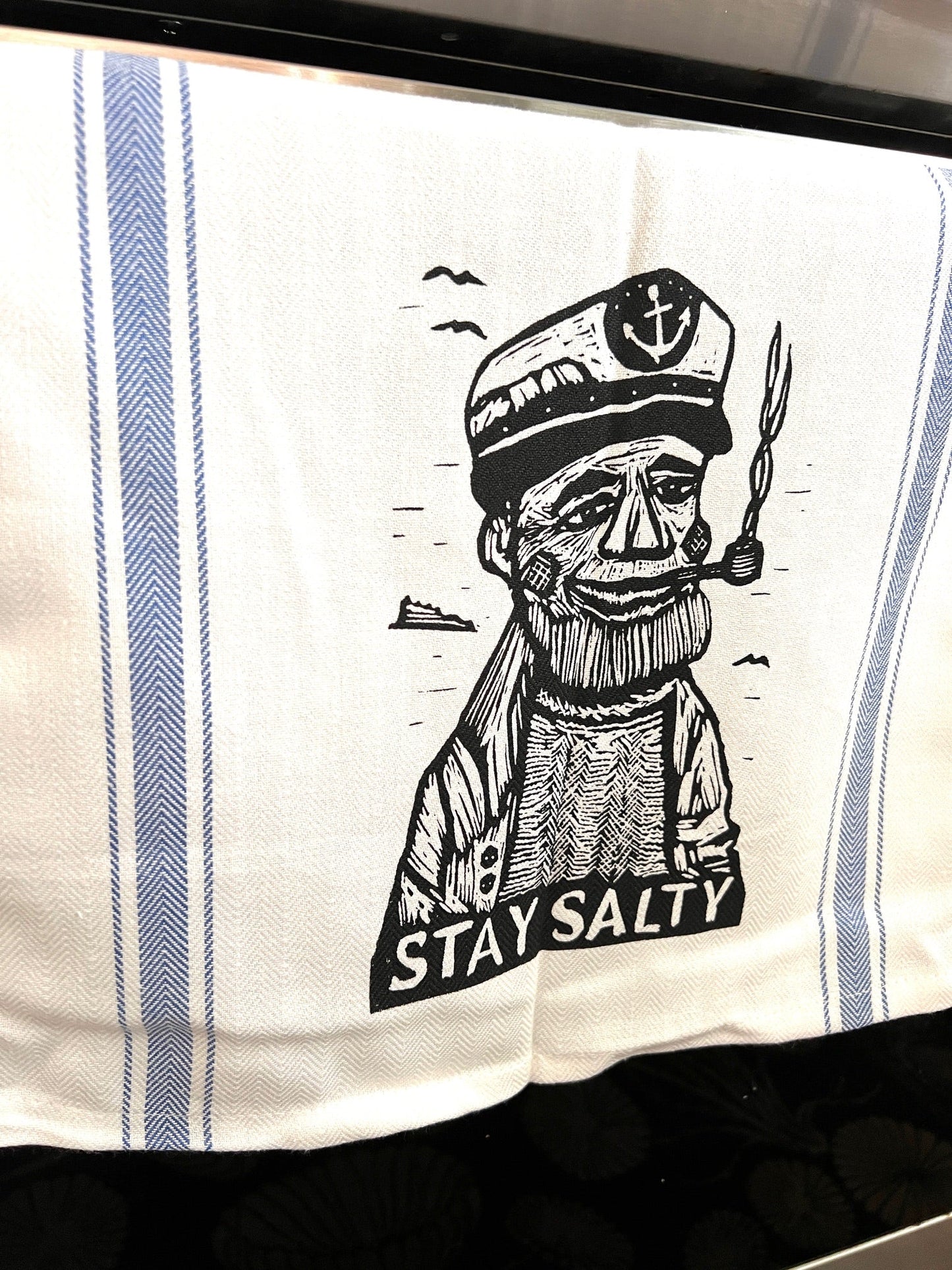 STAY SALTY Wooden Boat Captain - tea towel all cotton kitchen cooking baking food - Towel