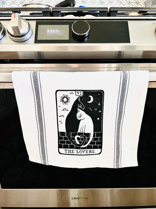 The Lovers Cat Tarot Card - tea towel all cotton kitchen cooking baking food - Towel